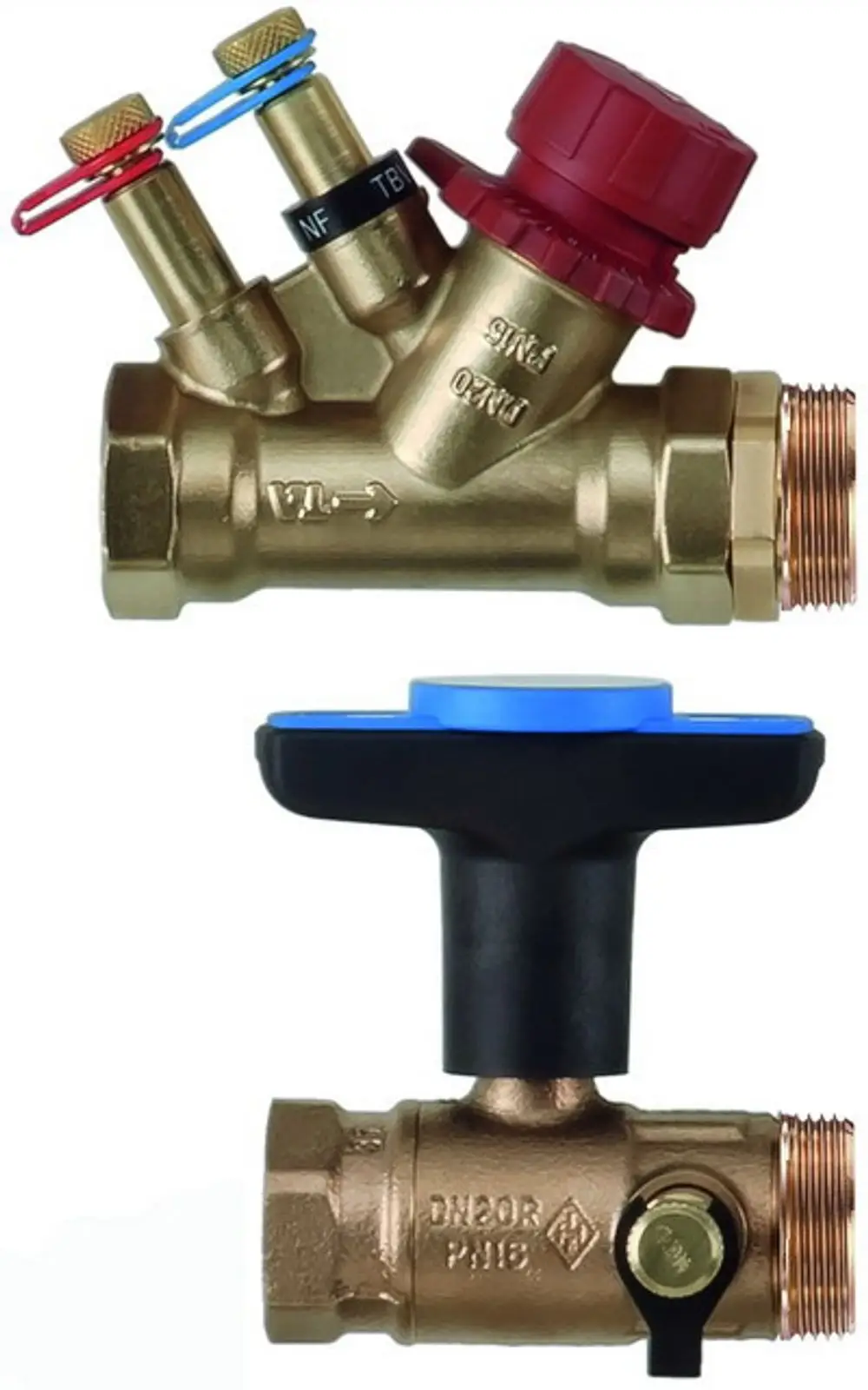 Anschlussset von IMI Hydronic Engineering mit zwei Ventilen und einem regelbaren Armatur. Geeignet für Heizungsanwendungen mit Vor- und Rücklauf.